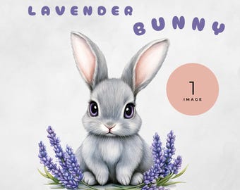Clipart lapin aquarelle avec fleurs de lavande, PNG transparents (image unique)