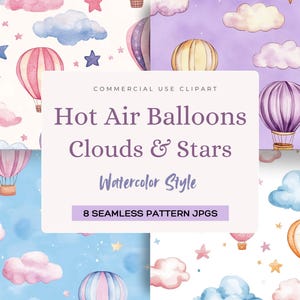 Heißluftballons Wolken & Sterne - nahtlose Muster | 8 hochwertige JPGs | Inklusive kommerzieller Nutzung |  300 dpi | Skurrile Himmel Hintergründe