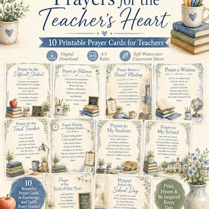 以下が含まれることがあります： Prayers for the Teacher's Heartと題された10枚の印刷可能な祈りのカードのコレクション。本、マグカップ、学用品の水彩画が描かれています。カードには、学校に関連するさまざまなテーマのテキストが含まれています。