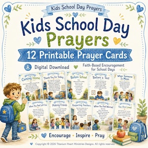 Könnte beinhalten: Ein Set aus 12 druckbaren Gebetskarten mit dem Titel Kids School Day Prayers, die Illustrationen von Kindern in der Schule zeigen. Die Karten enthalten Texte für verschiedene Situationen wie Before School, Before a Test und Making Friends.