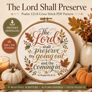 Psalm 121:8 Korsstygnsmönster i PDF-format, Herren skall bevara höstens design