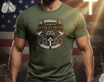Camiseta estilo militar con gráfico de cruz, armadura de fe, guerra espiritual cristiana, salvada por la gracia