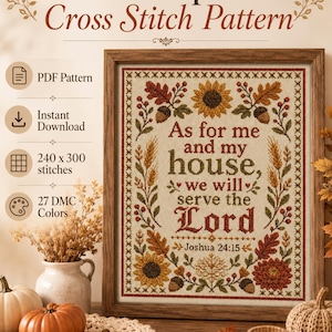 Fall Scripture Cross Stitch Pattern, As for Me and My House, Autumn Sampler
