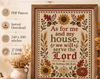 Fall Scripture Cross Stitch Pattern, As for Me and My House, Autumn Sampler
