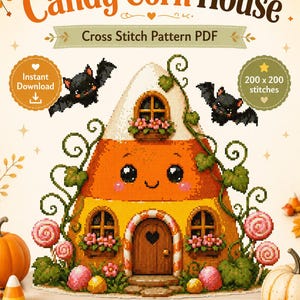 Op de afbeelding: Een kruissteekpatroon PDF getiteld Candy Corn House met een huis in de vorm van een maïssnoepje met een gezicht, twee zwarte vleermuizen, roze lolly's en bloemen. De tekst bevat Instant Download, 200 x 200 stitches en Cute Spooky Sweet.