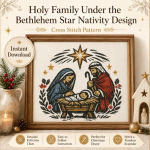 Könnte beinhalten: Ein Kreuzstichmuster mit dem Titel Holy Family Under the Bethlehem Star Nativity Design. Das Bild zeigt eine zentrale Krippenszene mit einem Stern darüber, gerahmt in Holz. Der Text enthält Instant Download und beschreibende Symbole.