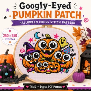 Googly-Eyed Pumpkin Patch Halloween Cross Stitch Pattern (Digital PDF)