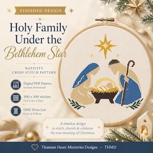 Könnte beinhalten: Ein Kreuzstichmuster mit dem Titel Holy Family Under the Bethlehem Star, das eine Krippenszene mit Figuren in Blau und Beige, einem gelben Stern und einer Krippe zeigt. Das Design ist in einem Holzrahmen präsentiert.