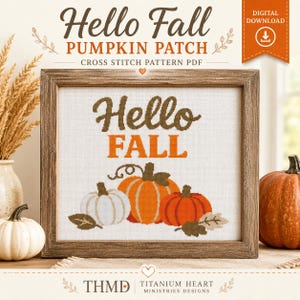 Hola, patrón de punto de cruz de otoño en PDF, diseño de cosecha otoñal con calabazas.