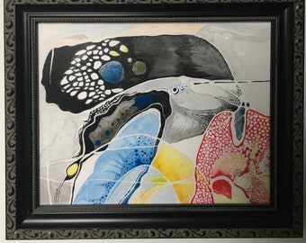 Painting Watercolor Whale Butterfly Bird Coral Abstract Pareidolia 8 x 10 in a 10 x 12 black ornate frame