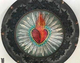 Relief Wall Art Sacred Heart Flame Fire El Corazon Round Disk Assemblage Resin Art