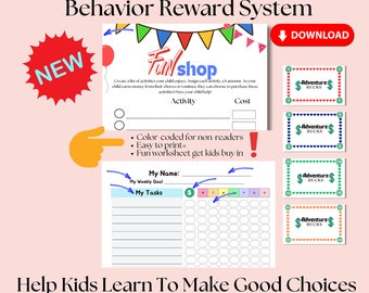 May include: Printable behavior reward system chart with a fun shop theme. The chart is color-coded for non-readers and includes a section for a child's name, weekly goal, and tasks. The chart is accompanied by four colorful "Adventure Bucks" reward tokens.