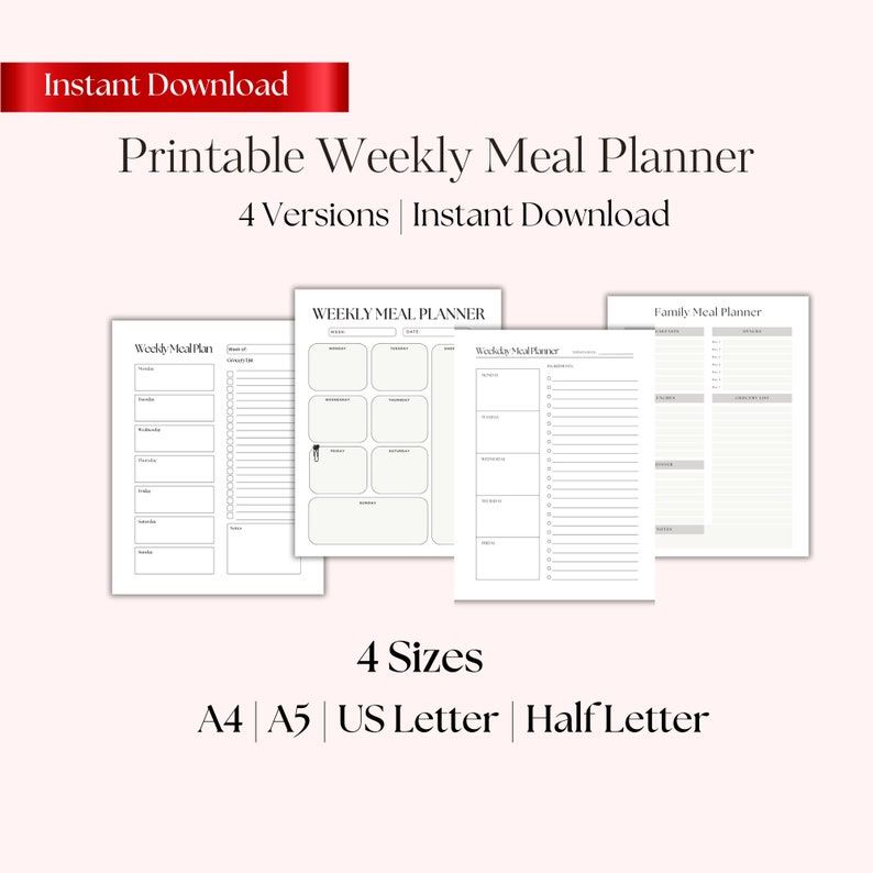 Four Weekly Menu Minimalist Weekly Meal Planner With Grocery List (printable) - Etsy