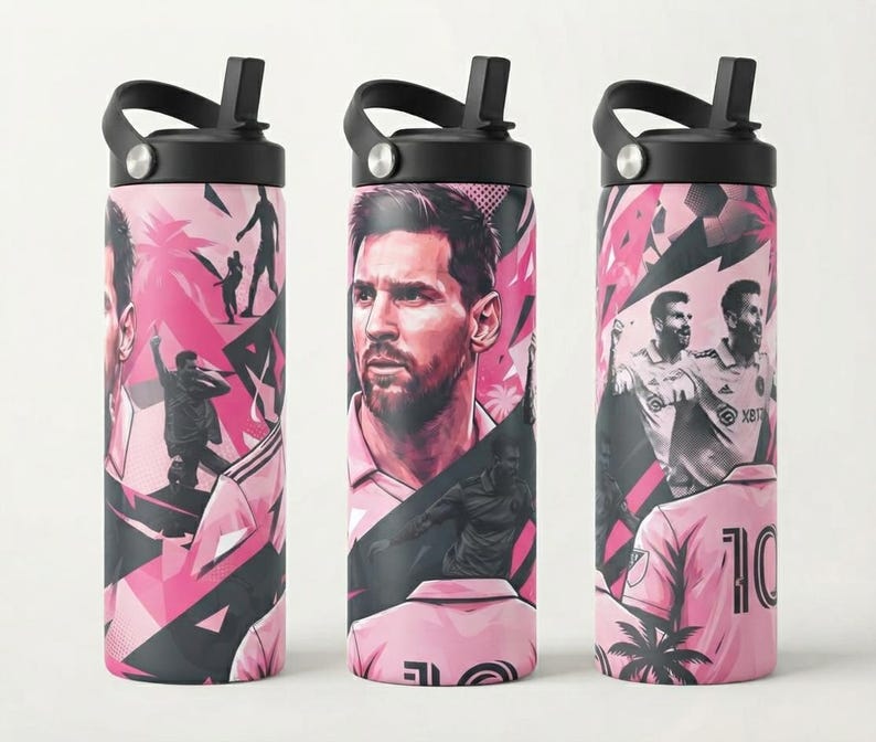 May include: A cylindrical water bottle with a black lid and straw, featuring a vibrant pink and black graphic design. The artwork displays multiple illustrations of a soccer player, including a portrait and a jersey with the number 10 on the back.