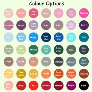 Puede incluir: Una carta de colores con el texto "Colour Options" en la parte superior. La carta muestra una variedad de muestras de color, cada una etiquetada con un nombre de color, incluyendo tonos de rosa, azul, verde, naranja y m&aacute;s.