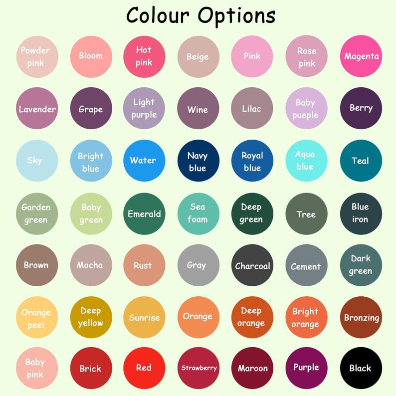 Puede incluir: Una carta de colores con el texto "Colour Options" en la parte superior. La carta muestra una variedad de muestras de color, cada una etiquetada con un nombre de color, incluyendo tonos de rosa, azul, verde, naranja y m&aacute;s.