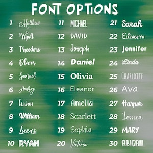 Puede incluir: Un gr&aacute;fico verde y blanco muestra "FONT OPTIONS" en la parte superior. Debajo, se presenta una lista de 30 nombres, cada uno con un n&uacute;mero correspondiente. Los nombres est&aacute;n escritos en varios estilos de fuente, mostrando opciones de dise&ntilde;o.