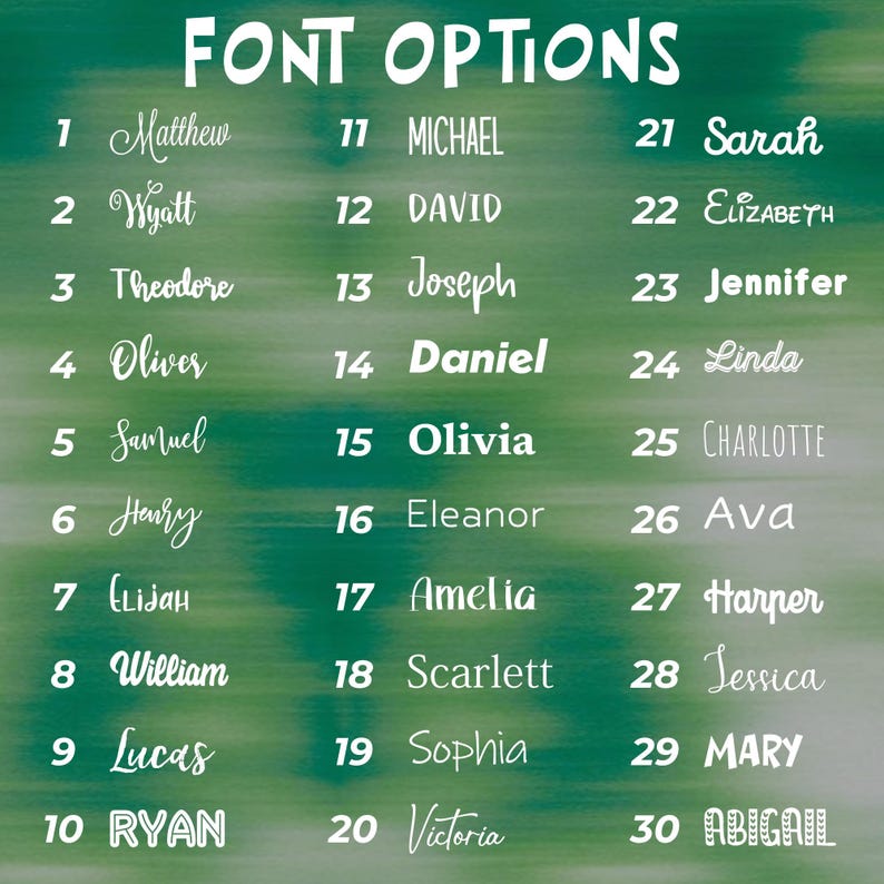 Puede incluir: Un gr&aacute;fico verde y blanco muestra "FONT OPTIONS" en la parte superior. Debajo, se presenta una lista de 30 nombres, cada uno con un n&uacute;mero correspondiente. Los nombres est&aacute;n escritos en varios estilos de fuente, mostrando opciones de dise&ntilde;o.
