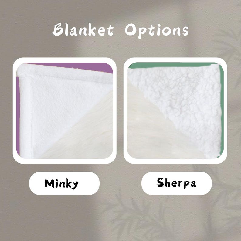 Puede incluir: Imagen que muestra dos opciones de mantas: Minky y Sherpa. La manta Minky es de tela blanca lisa, mientras que la manta Sherpa tiene un aspecto esponjoso y texturizado. El texto "Blanket Options" est&aacute; en la parte superior de la imagen.
