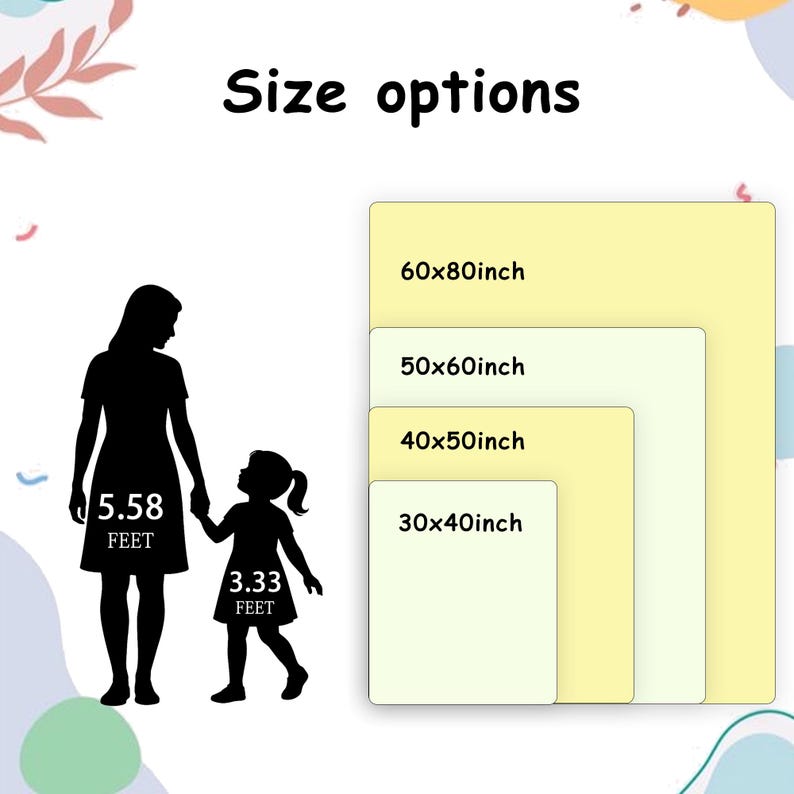 Puede incluir: Imagen que muestra opciones de tama&ntilde;o para un producto. El texto "Size options" est&aacute; en la parte superior. Cuatro formas rectangulares apiladas, con dimensiones en pulgadas: 30x40, 40x50, 50x60 y 60x80 (76x102, 102x127, 127x152, 152x203 cm). Siluetas de una mujer y un ni&ntilde;o a la izquierda.