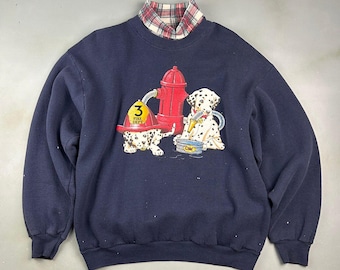 VINTAGE 90s | Dalmatian Puppies Fire Dept Turtle Neck Crewneck Sweater sz L