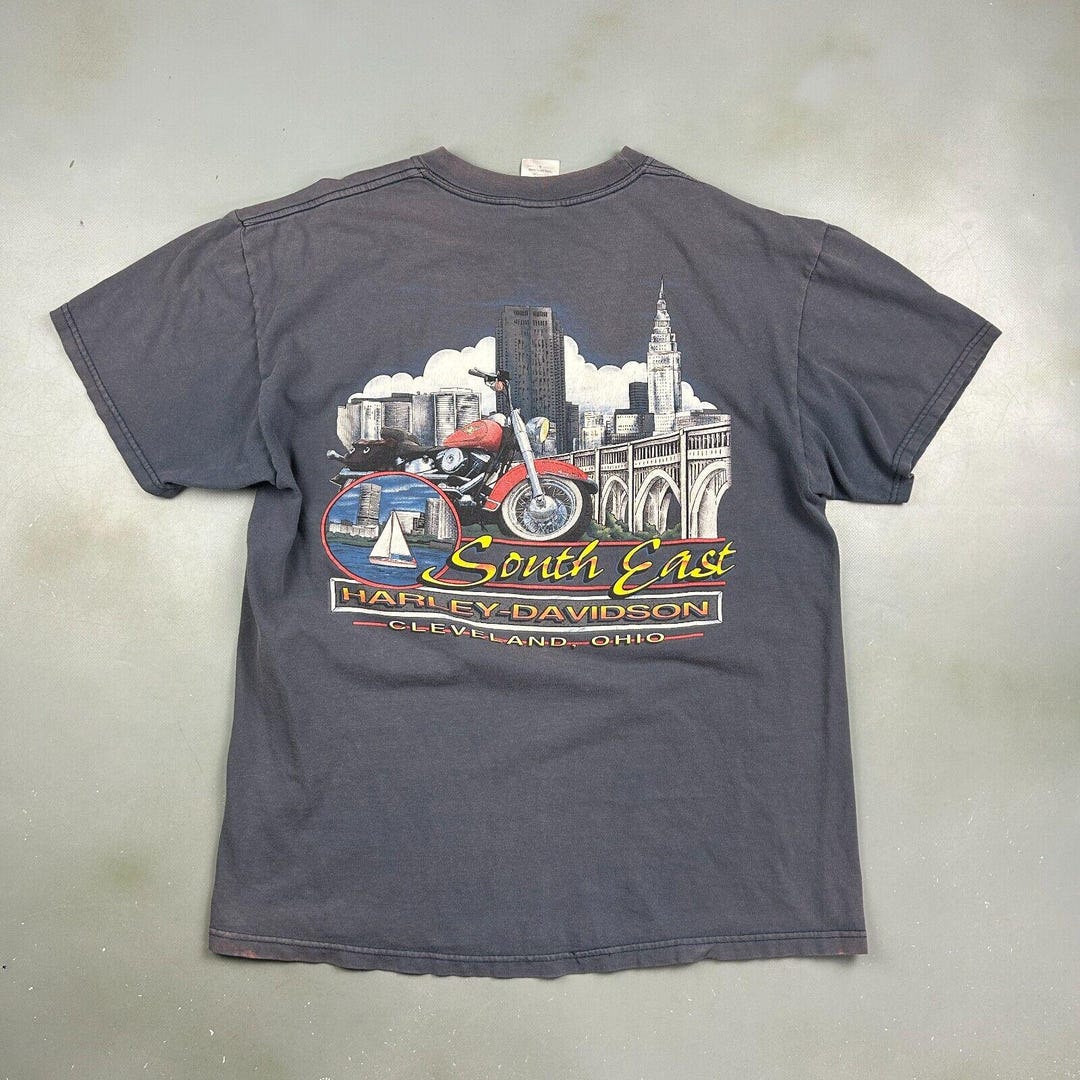 VINTAGE | Harley Davidson South East Faded Blue Biker T-shirt Sz L 
