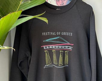 ANCIENNE années 90 | Pull ras du cou délavé Illustration Festival Of Greece t M Adulte
