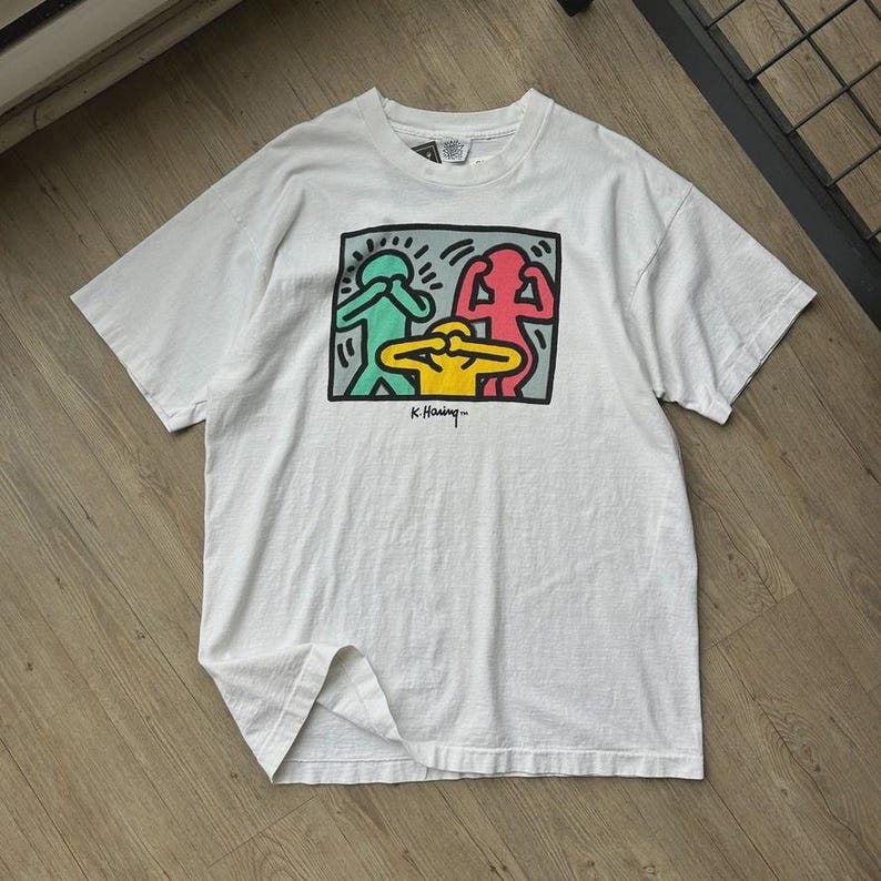 VINTAGE 90s | Keith Haring See No Evil Artwork T-Shirt sz XL image 1