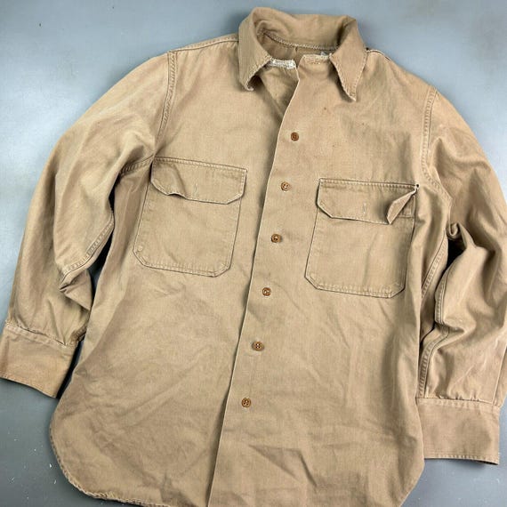VINTAGE 70s | Tan Fatigue Army Military Button Down Shirt Sz