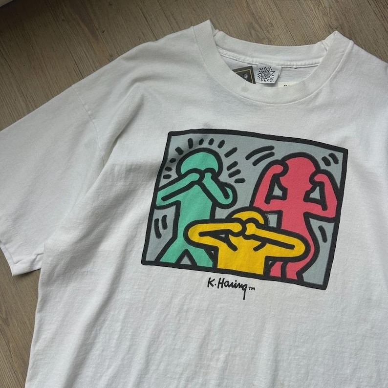 VINTAGE 90s | Keith Haring See No Evil Artwork T-Shirt sz XL image 2