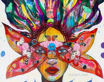 May include: Colorful mixed media artwork featuring a woman's face adorned with butterfly-shaped elements and a crown of flowers and foliage. The artwork incorporates vibrant colors, including red, pink, yellow, and blue, with the website address outiart.com visible.