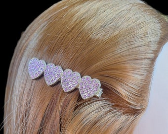 Pink Heart Crystal Cute Hair Clip, Woman Sparkle Pink Rhinestone Minimalist Accessories, Gold Glass Aesthetic Cool Kids Barrette Accessories