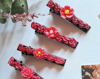 Clips para el cabello de flores decodificadas Kawaii, accesorios para el cabello de diseño Kawaii hechos a mano, clips de cocodrilo de flores rosas, diapositivas para el cabello de flores de primavera