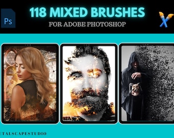 118 Mixed Photoshop Brushes, Texture Photoshop Brushes, Mixed Media Brushes, abr brushes, Photoshop Brushes Bundle, Digital Art Brush Pack