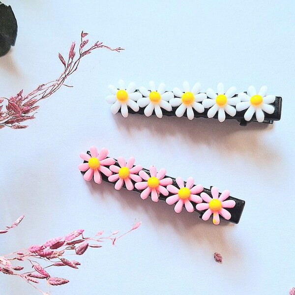 White Daisy Flower Hair Clip, Pink Flower Resin Design Hair Accessories, Handmade Spring Floral Hair Slide, Flower Hair Pin Set for Girls