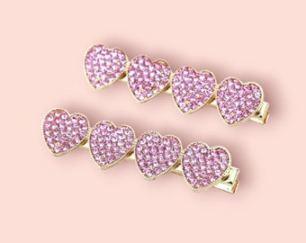 Pink Heart Crystal Cute Hair Clip, Woman Sparkle Pink Rhinestone Minimalist Accessories, Gold Glass Aesthetic Cool Kids Barrette Accessories