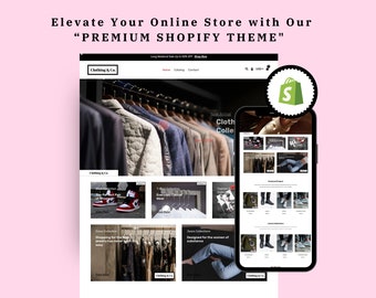 Puede incluir: Una maqueta de un sitio web y un teléfono móvil que muestra una tienda de ropa de comercio electrónico. El sitio web muestra ropa en perchas. El teléfono muestra un tema de Shopify con un logotipo de bolsa de compras verde.