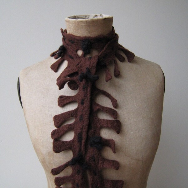 felted scarf\/ jewel brown with black accents (they look like flowers to me)