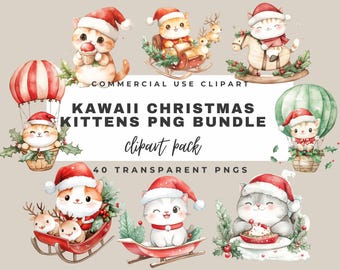40 Kawaii Christmas Kittens Christmas Png bundles, Cute watercolor Christmas  clipart bundle, whimsical Christmas kawaii kittens png bundle