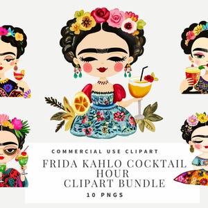 Clipart de la hora del cóctel de Frida Kahlo, estilo de dibujos animados caprichosos, descarga instantánea, manualidades de papel, diario basura, álbumes de recortes, arte mural, imprimibles