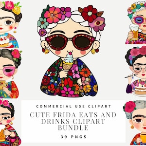 Clipart de Frida Kahlo con dibujos animados caprichosos, bebidas y comidas, descarga instantánea, manualidades de papel, diario basura, álbumes de recortes, arte mural, imprimibles