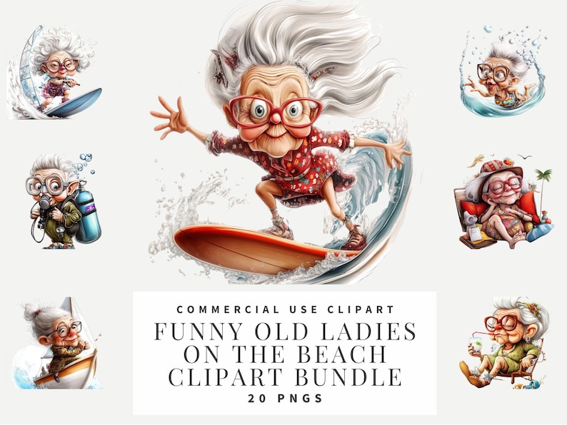 Png Watercolor Old Ladies on the Beach Clipart Bundle Summer Funny ...