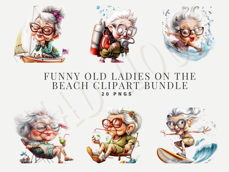 Png Watercolor Old Ladies on the Beach Clipart Bundle Summer Funny ...