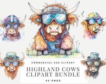 Watercolor Clipart PNG Images Highland Cows wearing Shades Instant Download Paper Crafts  Junk Journal Scrapbooking Wallart Printables
