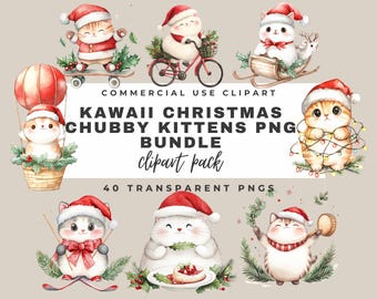 40 Kawaii Christmas Chubby Kittens Christmas Png bundles, Cute watercolor Christmas  clipart bundle, whimsical kawaii kittens png bundle