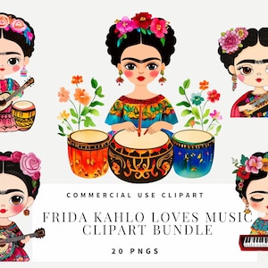 Imágenes prediseñadas de instrumentos musicales de Frida Kahlo, estilo de dibujos animados caprichosos, descarga instantánea, manualidades de papel, diario basura, álbumes de recortes, arte mural, imprimibles