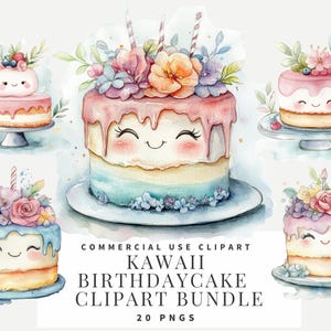 Aquarell Clipart PNG Kawaii Geburtstagstorte Digital Sofort Download Papier Handwerk Junk Journal Scrapbooking Wallart Menü lädt Printables
