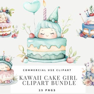 Aquarell Clipart PNG Kawaii Kuchen Mädchen Digital Sofort Download Papier Handwerk Junk Journal Scrapbooking Wallart Menü lädt Printables