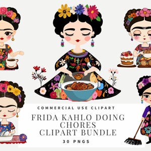 Clipart de Frida Kahlo haciendo tareas domésticas, estilo de dibujos animados caprichosos, descarga instantánea, manualidades de papel, diario basura, álbumes de recortes, arte mural, imprimibles