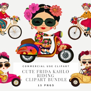 Clipart de Frida Kahlo montando en estilo de dibujos animados caprichosos, descarga instantánea, manualidades de papel, diario basura, álbumes de recortes, arte mural, imprimibles